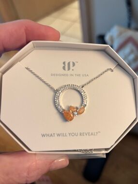 BP Original Rhodium Plating Circle Necklace with Peach Accents- NEW in box!